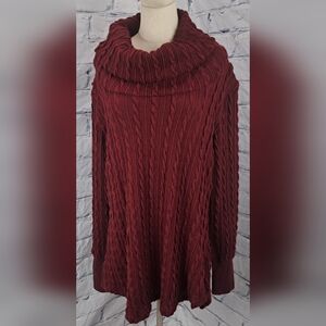 Suzanne Betro Oversized Cable Knit Sweater Turtleneck Cowl Burgundy Red Large